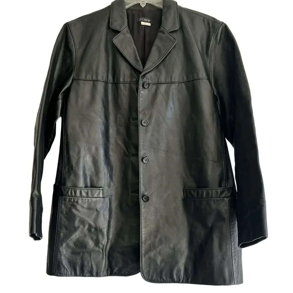 J. Crew Black Leather Car Coat Men's M Button-Up Collar Pockets Lightly Lined